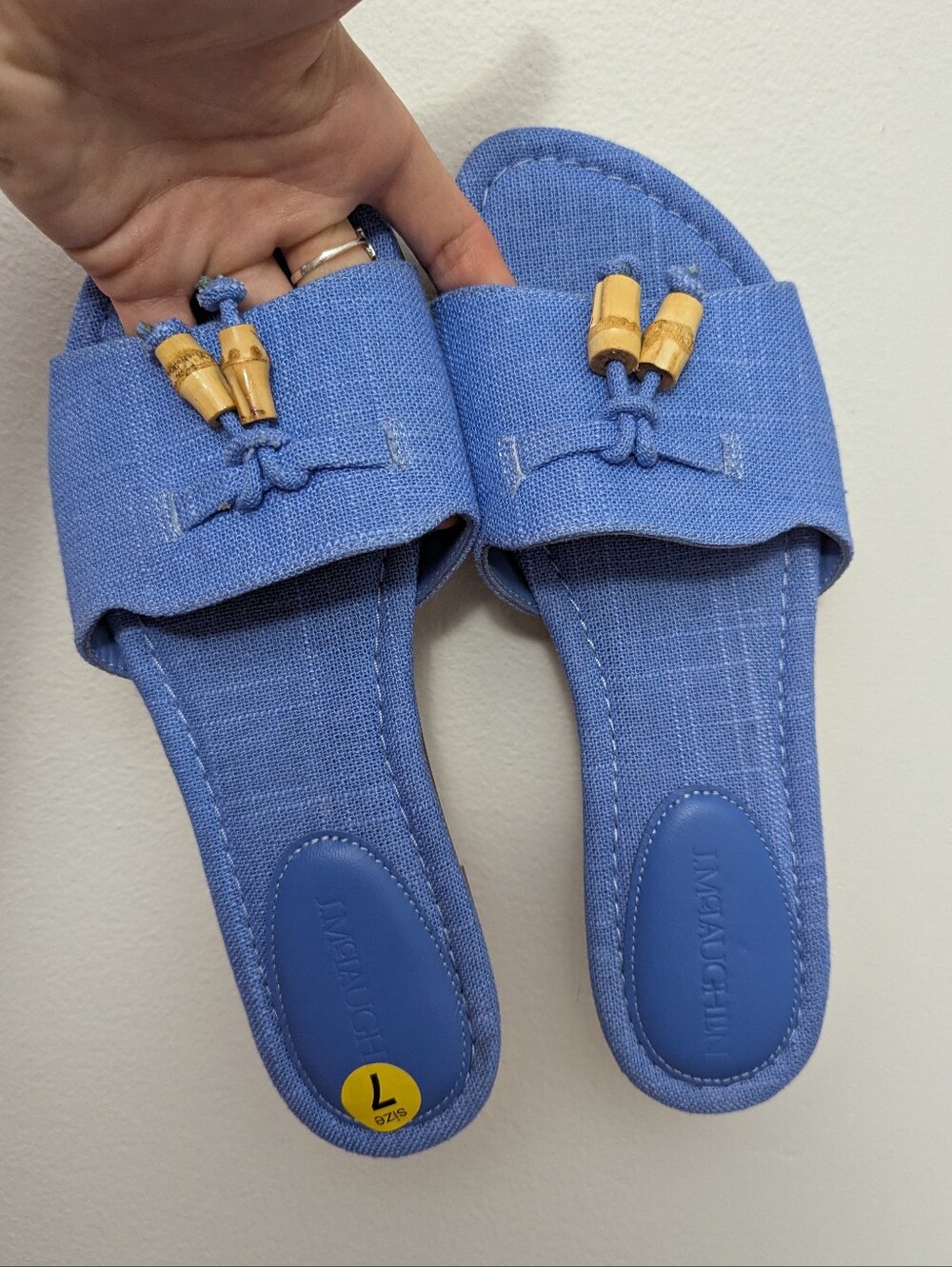 J.Mclaughlin Blue Linen Slide Sandals With Bamboo Tassel Size 7